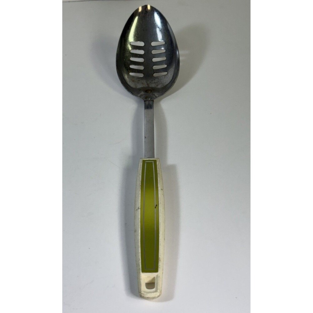 Vintage Ekco USA Chromium Plated Slotted Serving Spoon ~ Green ~ 12”